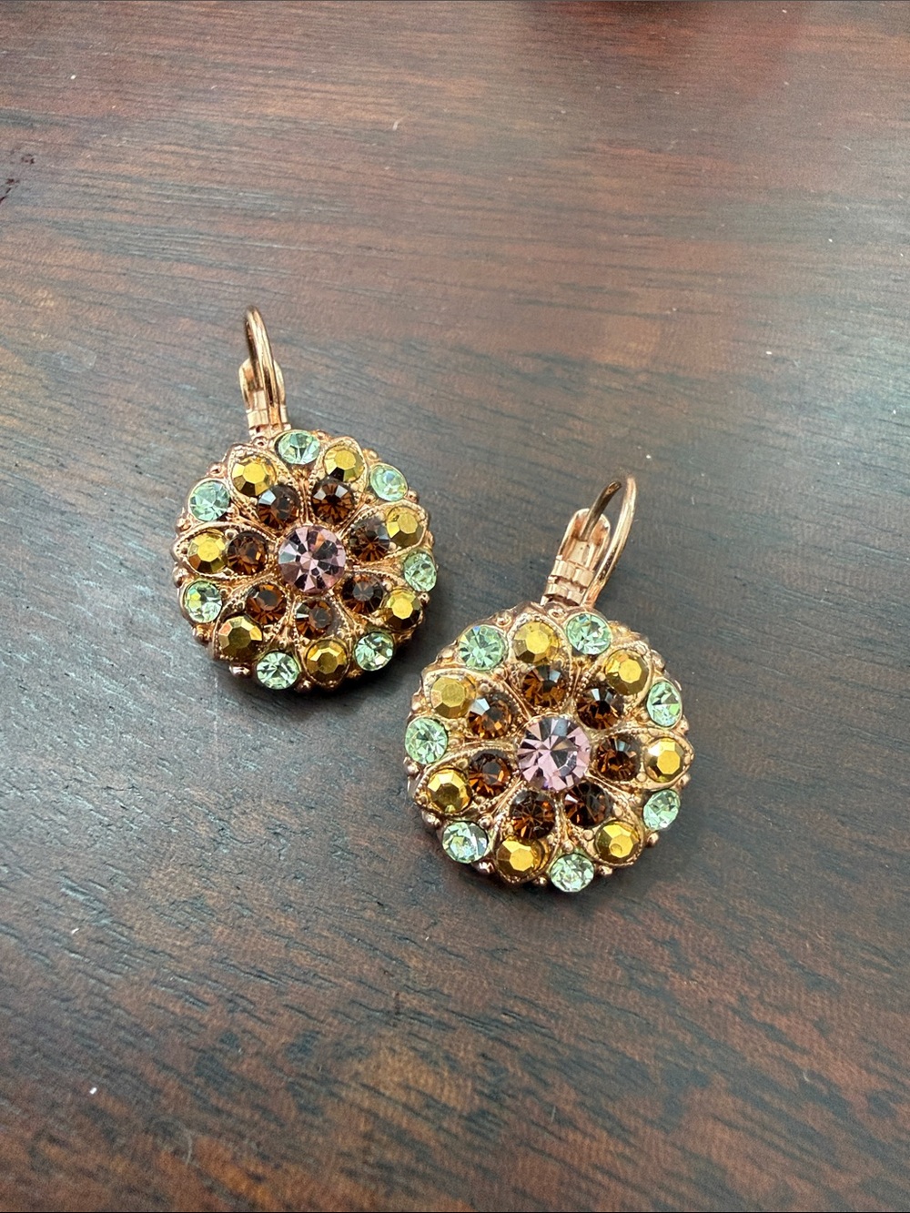 Mariana Rose Gold-Tone Crystal Floral Drop Earrings in Pink, Chocolate PaleGreen